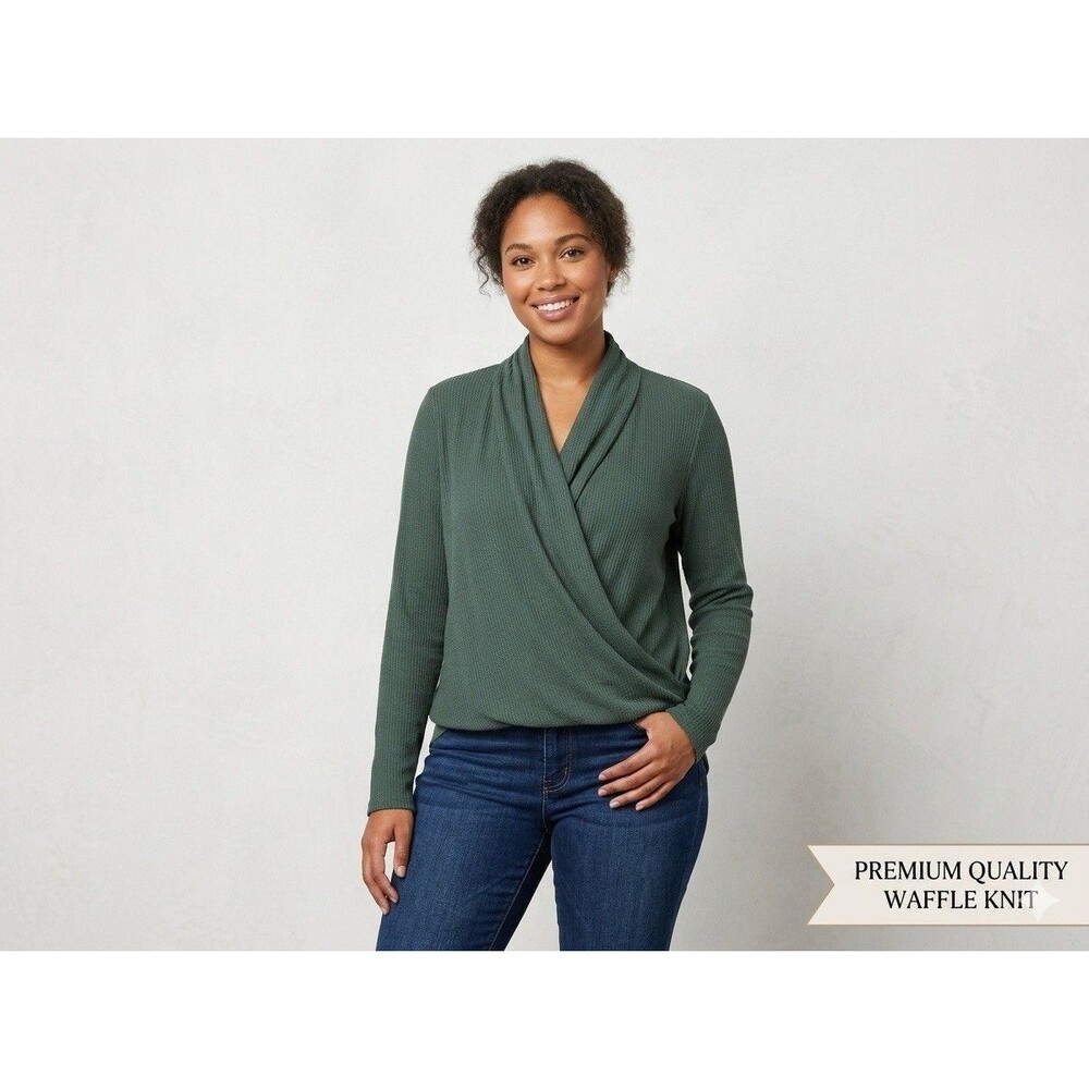 Daily Practice Shirt Womens L Green Waffle Knit Long Sleeve Basic Pullover Top‎